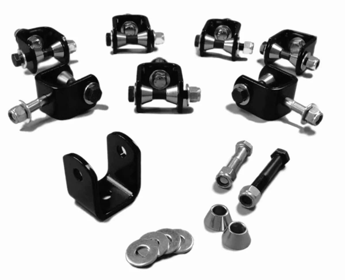 Steinjäger Drop Clevis Kits (Without End Links) Sway Bar End Links 3/8 Bore Clevises are Black Powdercoated Includes Misalignment Spacers Includes 8 Clevises