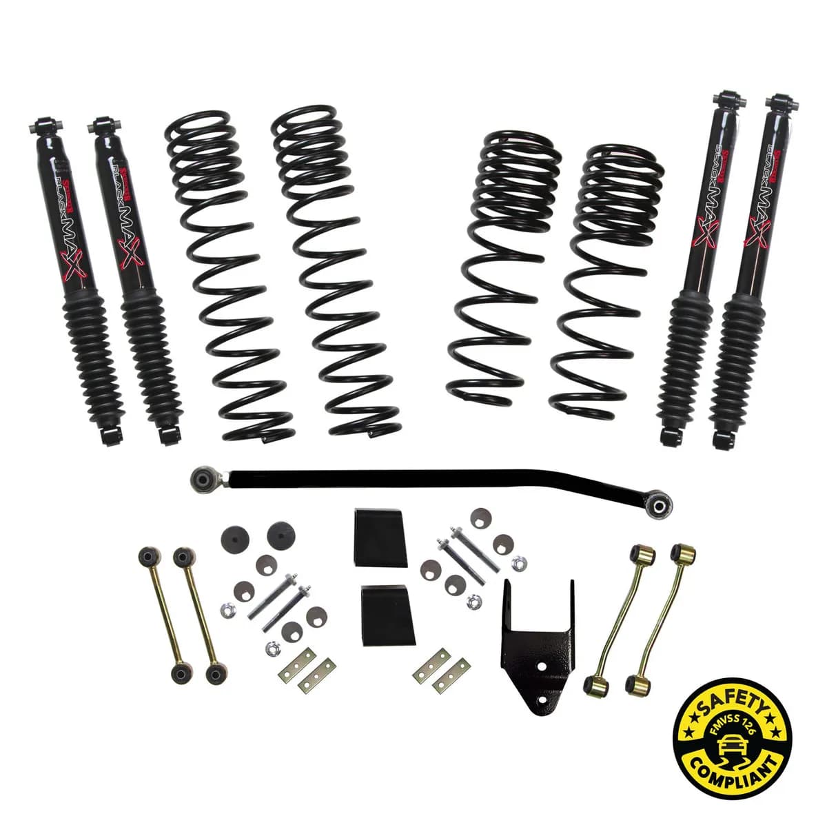 Suspension Lift Kit w/Shock 3.5-4 Inch Lift 18-19 Jeep Wrangler Unlimited Rubicon Incl. Frt./Rear Dual Rate/Long Travel Series Coil Springs Extended Sway Bar End Links Grade 8 Mounting Hdwr Black MAX Shocks Skyjacker