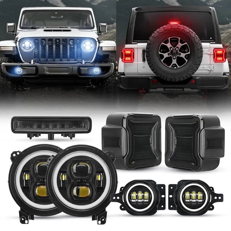 JL Mega Bundle - 9 Inch LED Halo Headlights with Turn Signals, Fogs, Tail Lights, Brake Lights For Jeep Wrangler JL