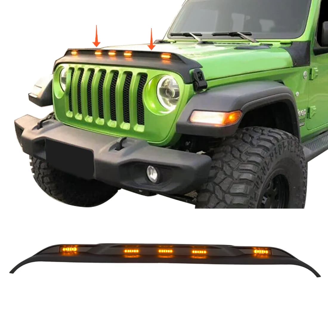 Front Hood Protector Stone Guard W/ Amber LED Lights For 18+ Jeep Wrangler JL & Gladiator JT