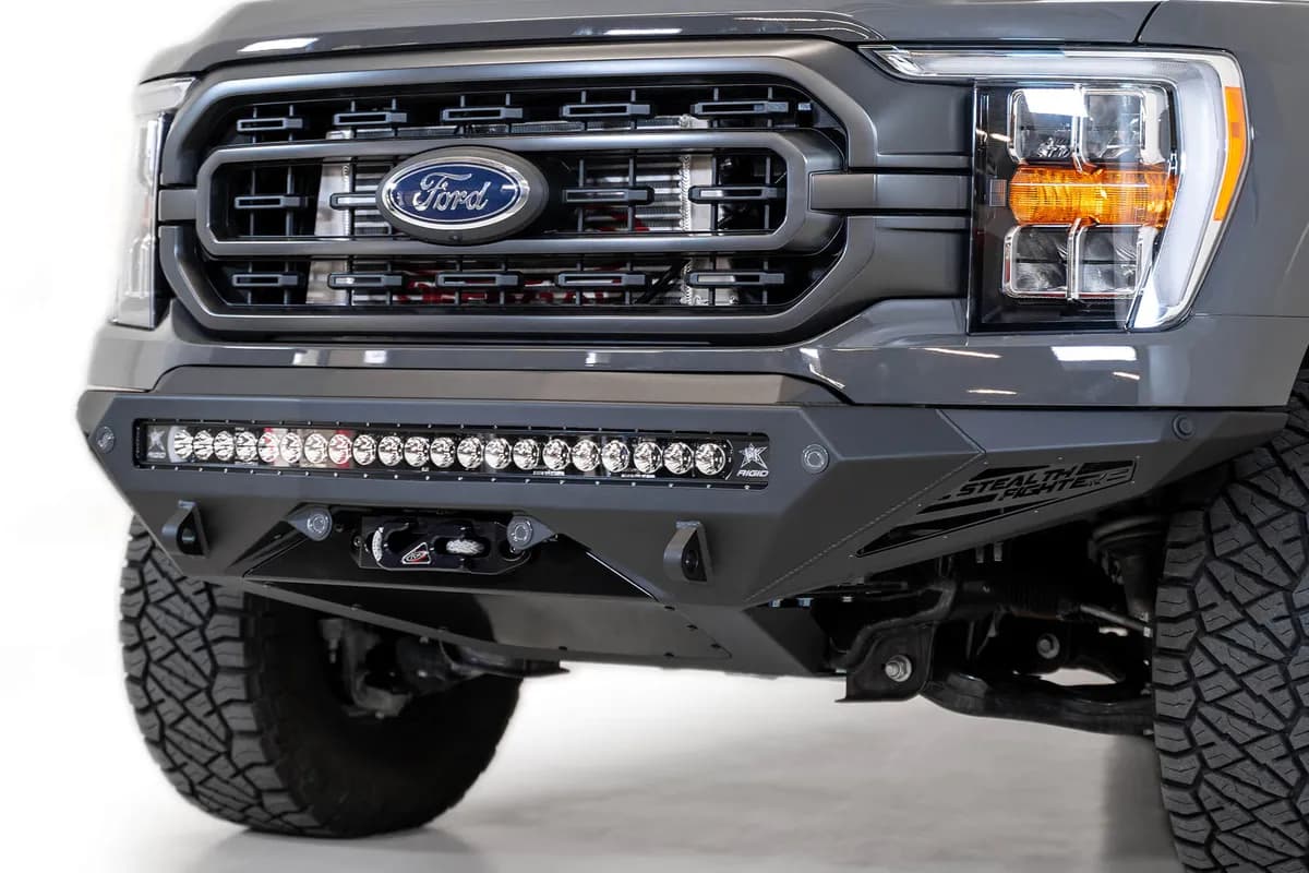 Ford F150 Stealth Fighter Winch Front Bumper with 10 Cube Mounts Universal Plate on op and 10 SR Cube Mounts on Sides with SENSOR Cutouts with D-ring Mounts in Hammer Black with Satin Black panels 2021 Ford F-150