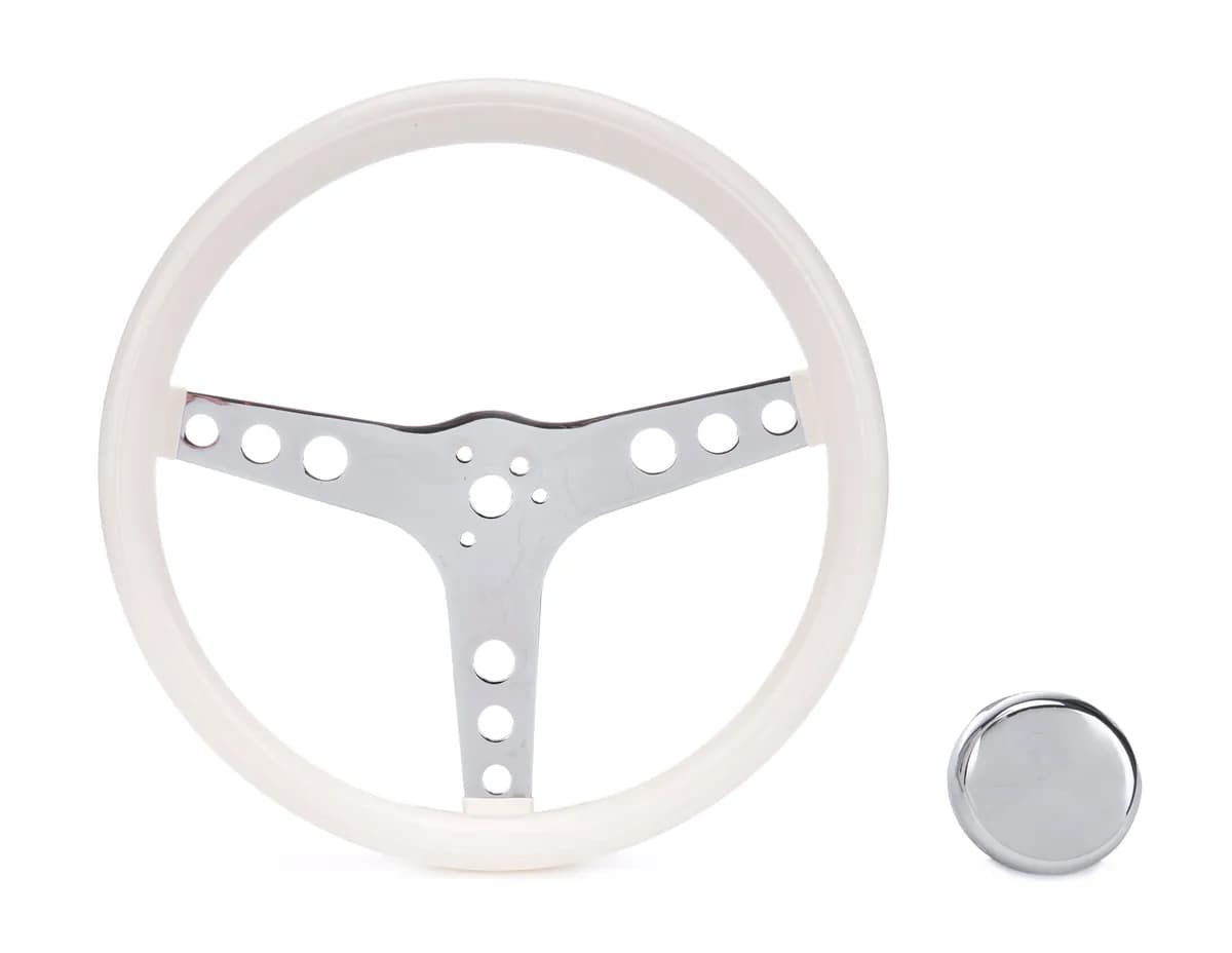 Classic Series Steering Wheel; 13 1/2 in. Diameter; 2 1/2 in. Dish; White Grip; Chrome 3-Spoke Design;