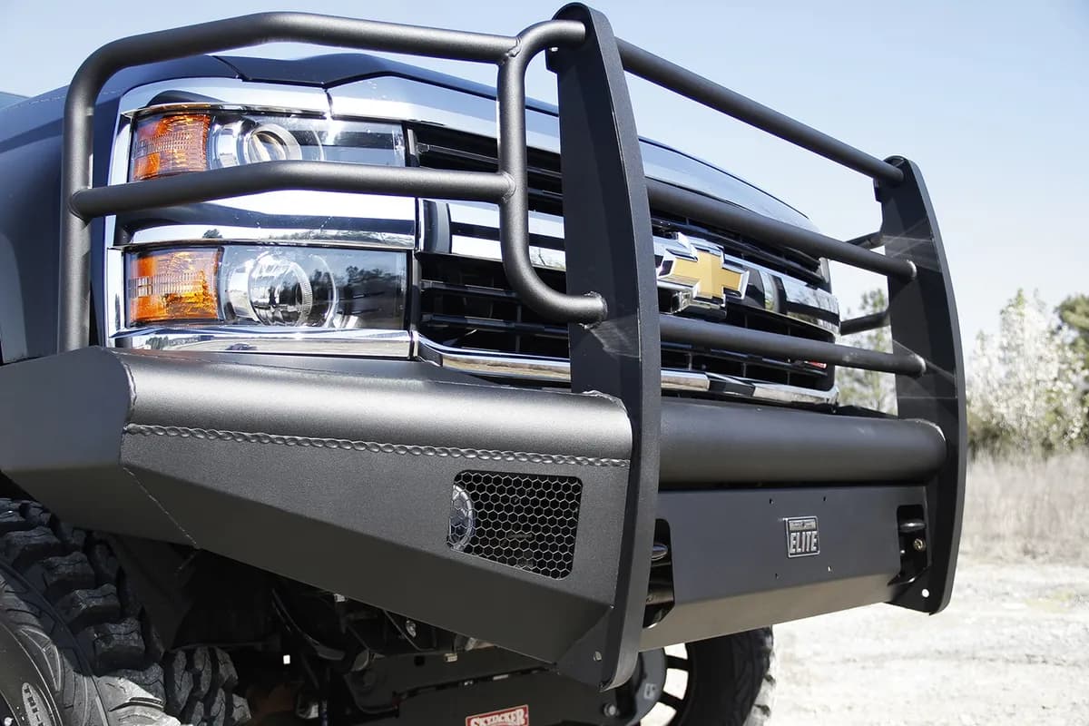 Elite Front Bumper; 2 Stage Black Powder Coated; w/Full Grill Guard; Incl. Light Cut-Outs;