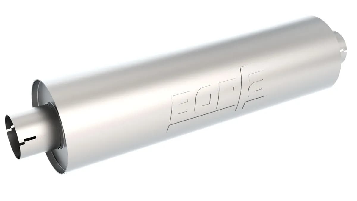 Universal Performance Mufflers Heavy Duty Truck CenterCenter Round Body 3 in. Inlet 3 in. Outlet24 in. x 6.75 in. Body Size 29 in. Overall Length Borla Embossed Unnotched T-304 Stainless Steel