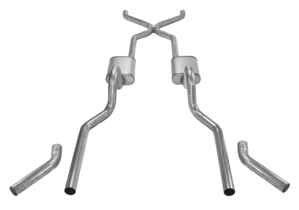 Crossmember Back wH-Pipe Exhaust System 55-57 Split Rear Dual Exit 3 in Intermediate And Tail Pipe No MufflersHardware Incl Tip Not Incl Pypes Exhaust