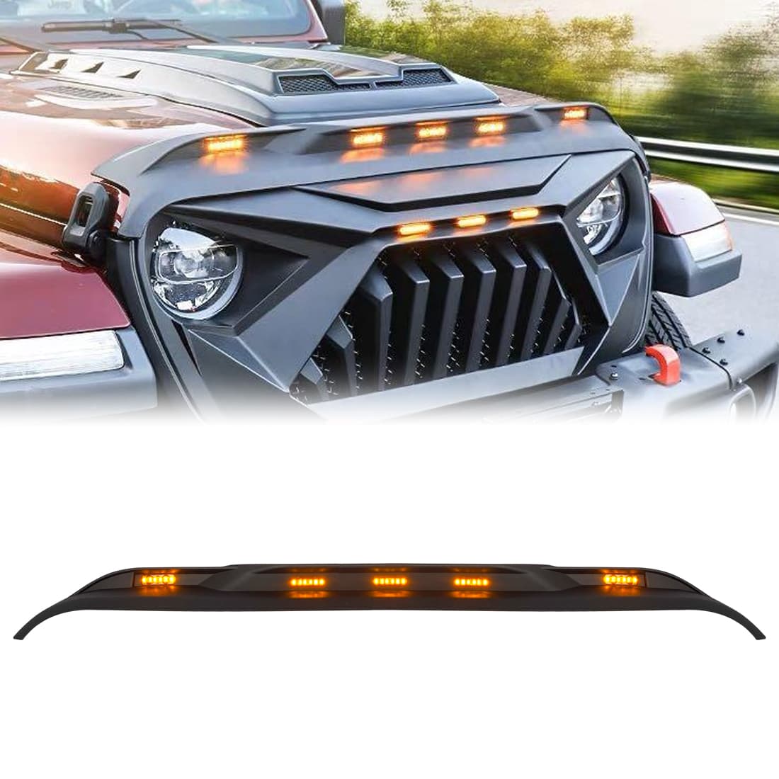 American Modified Amjpca00204 Front Hood Protector Stone Guard With Amber LED Lights product image