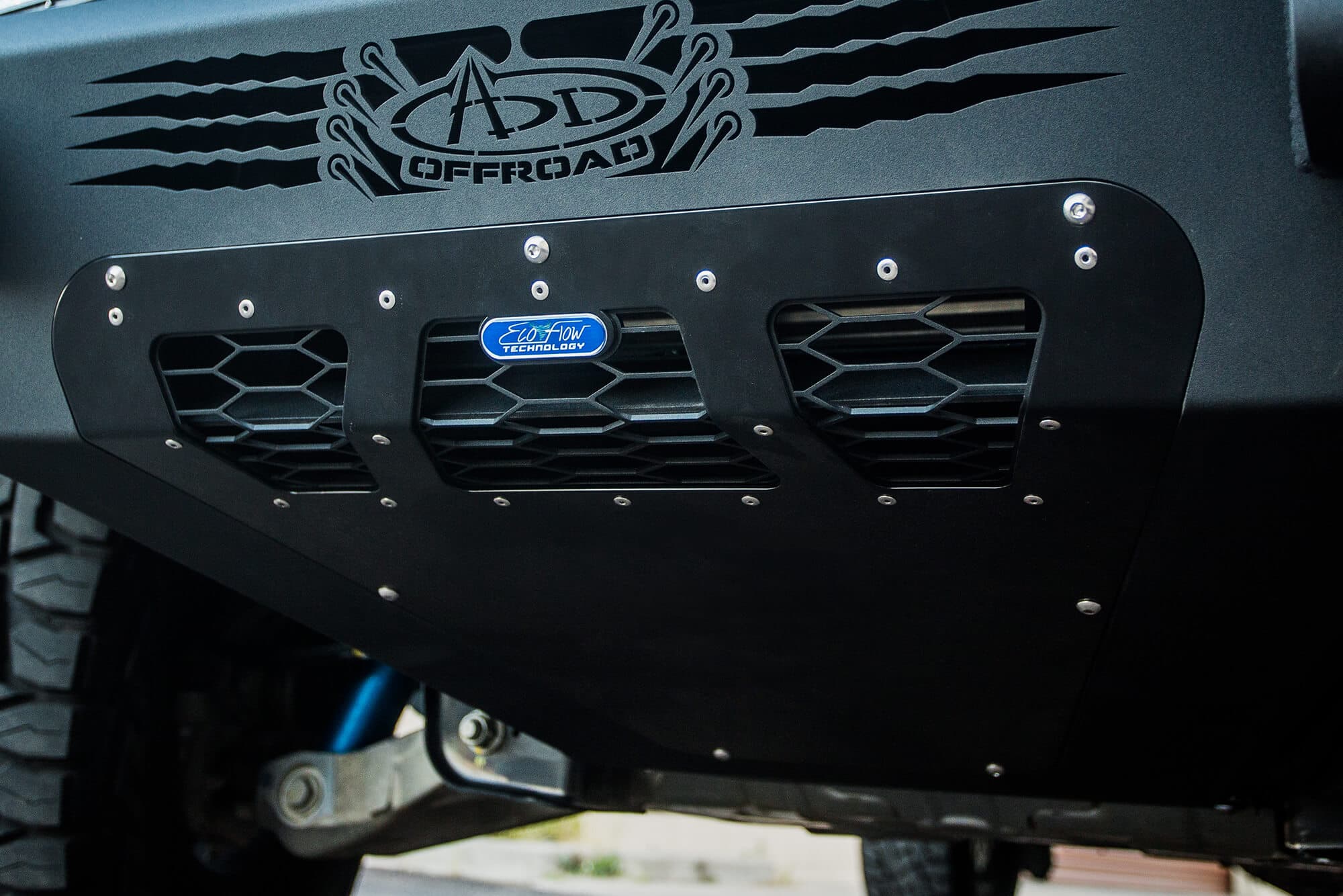 2017 Ford Raptor Honeybadger Front Bumper With Ecoboost Venting And 40 Rds LED Bar Mounts With hb Logo Cutout With 10 LED Bar Mounts And Dually Mounts in Sides Panels in Hammer Black With Satin Black Panels product image