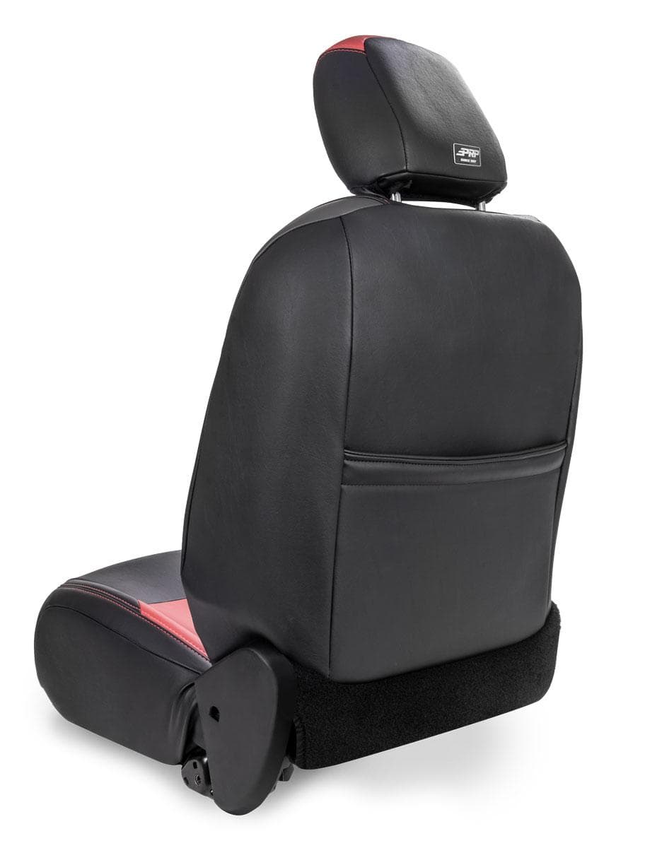 Front Seat Covers For 18-24 Jeep Wrangler JL 2 Door with Pocket Back Pair Black with Red Stitching PRP Seats product image