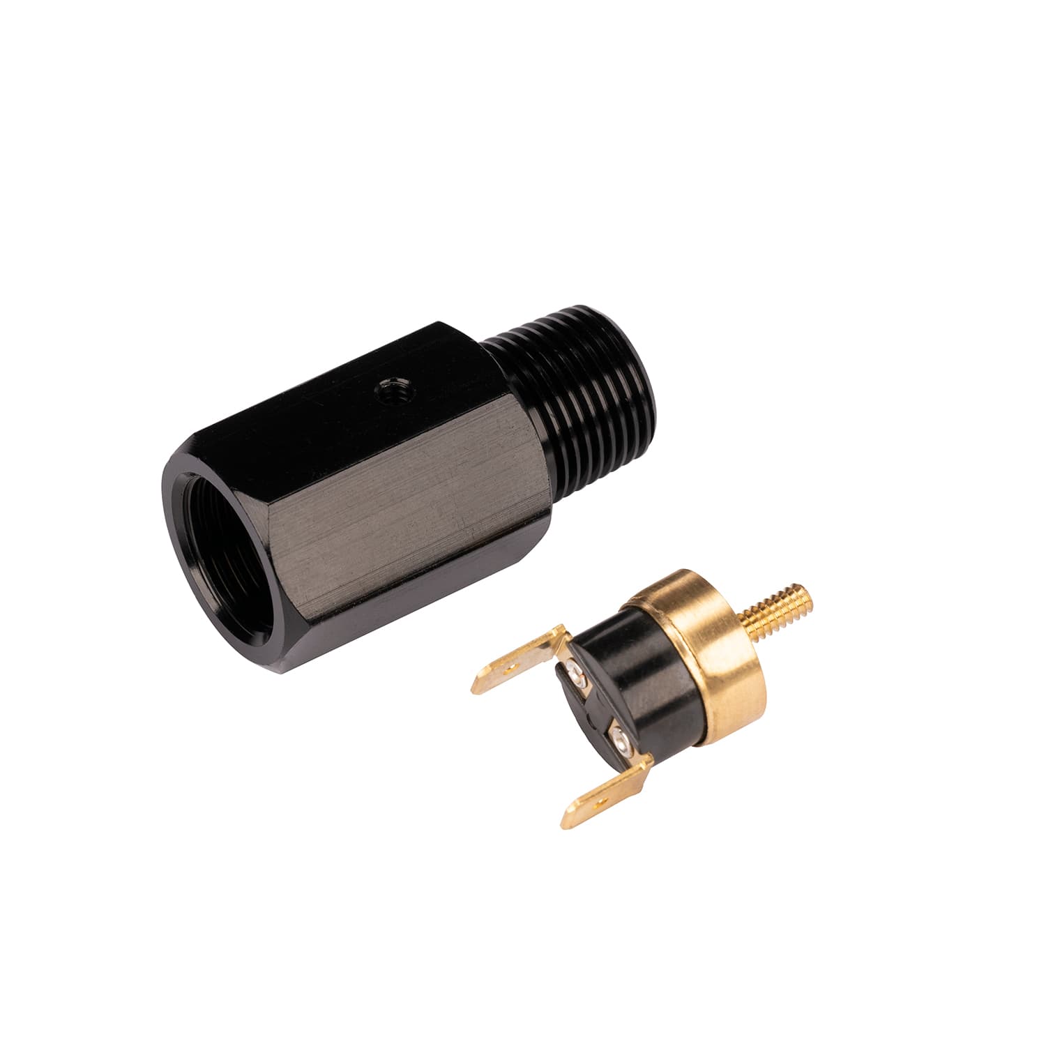 Derale 190° F Inline thermal switch. 3/8 NPT Black Anodized.