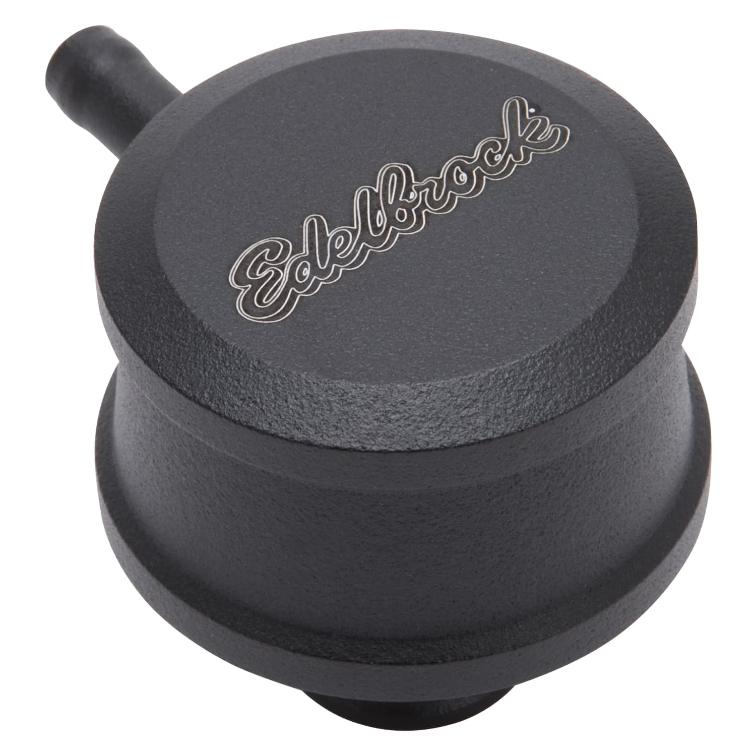 Edelbrock PCV for Valve Cover, Aluminum, Round Push in with 90-degree Port, Breather Look, with Etched Logo, Black