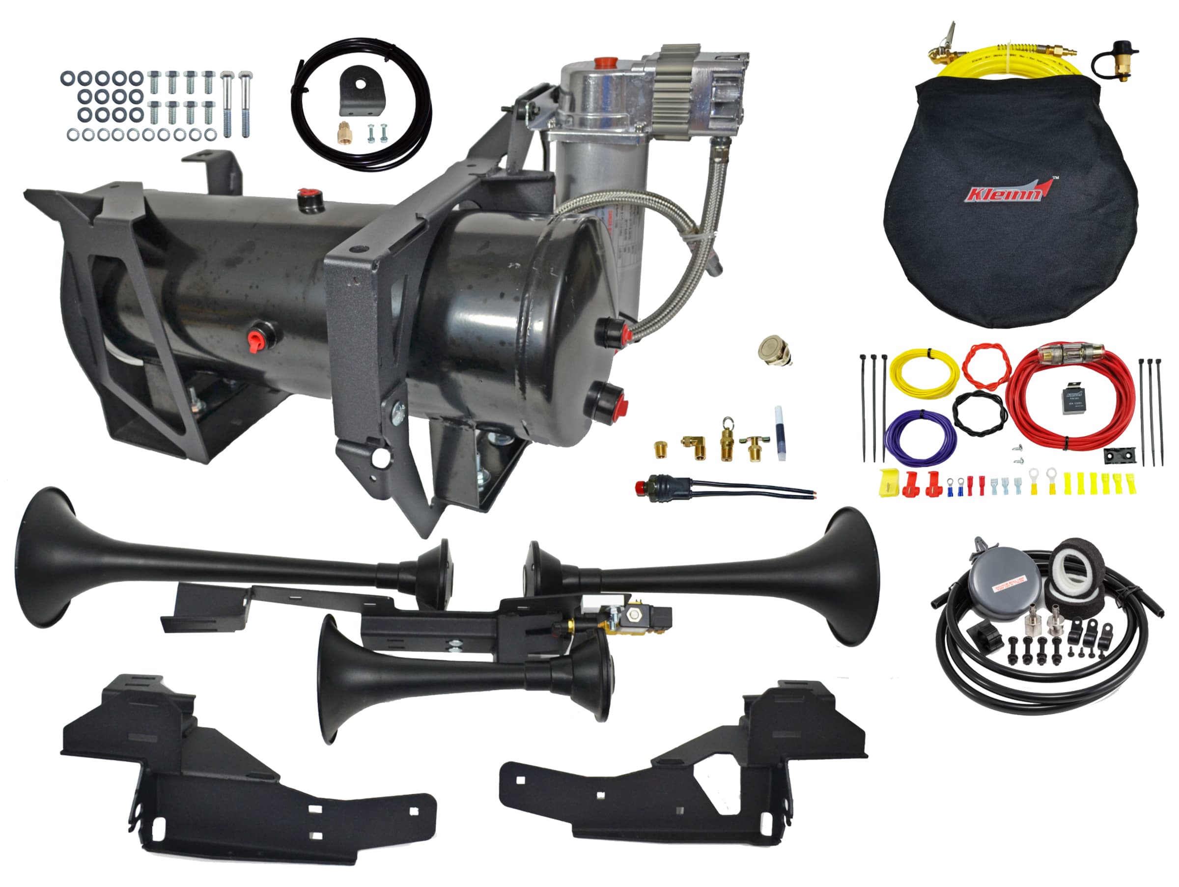 Kleinn Automotive Accessories Onboard Air System w/Horns; Includes Triple Black Horns PN[730]/ 150/200 PSI Air Compressor PN[6450RC]/ 3.0 Gallon Air Tank PN[6350RT];