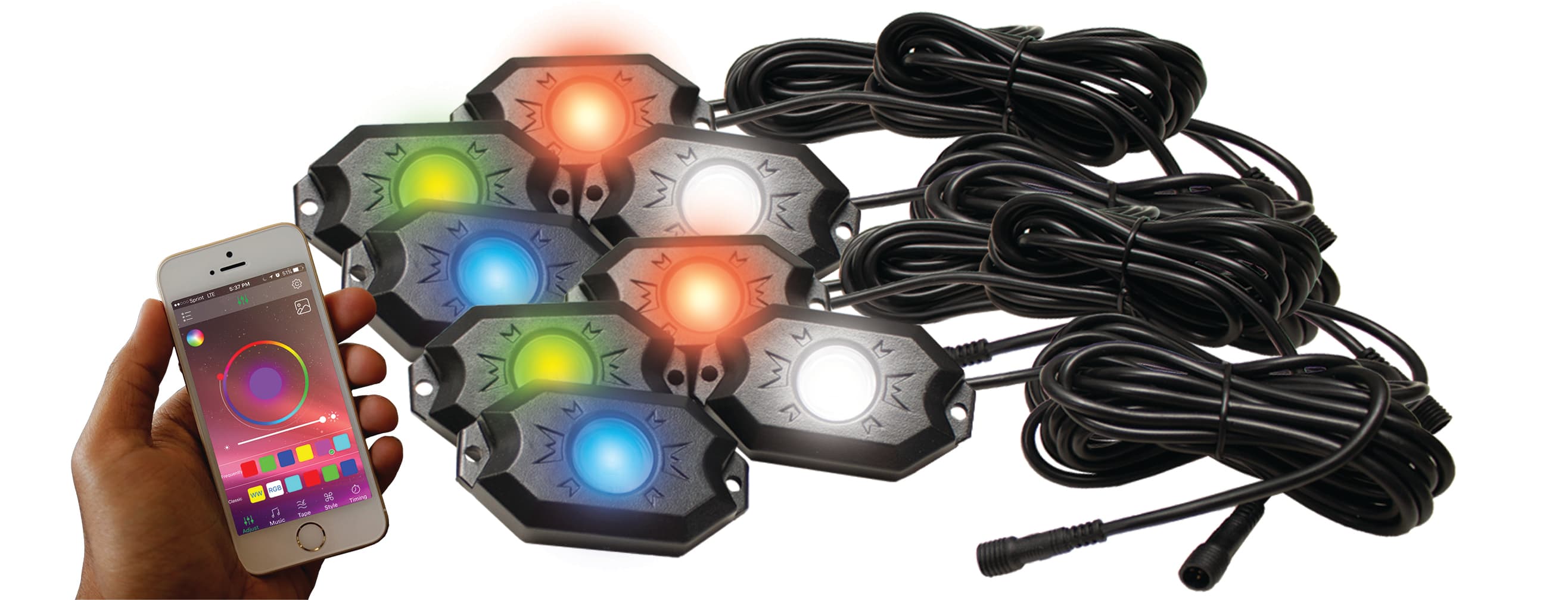 New 8-Pod Rgb+w Hi-Power Rock Light Complete Kit With Bluetooth App Controls in Retail Box product image
