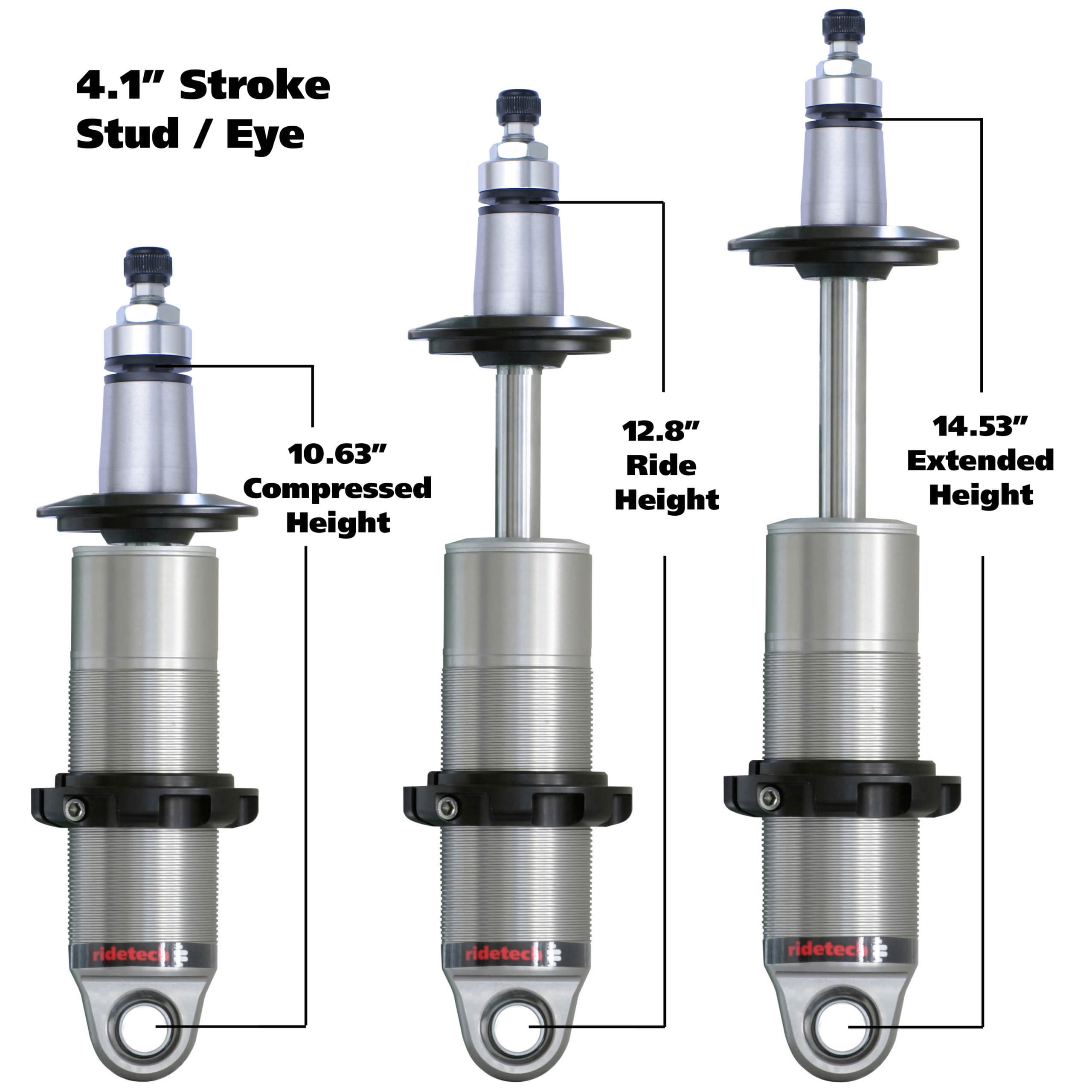 Ridetech HQ Coil-Over Shock W/ 4.1 Inch Stroke And 2 Inch Stud Mount Universal 1 Rebound Adjustable Shockspring Mounts Delrin Spring Washers And Bearing Spacers 1/2 Inch And 5/8 Inch 10.4 Inch X 14.5 Inch W/ A 12.5 -12.75 Inch Ride Height Ridetech
