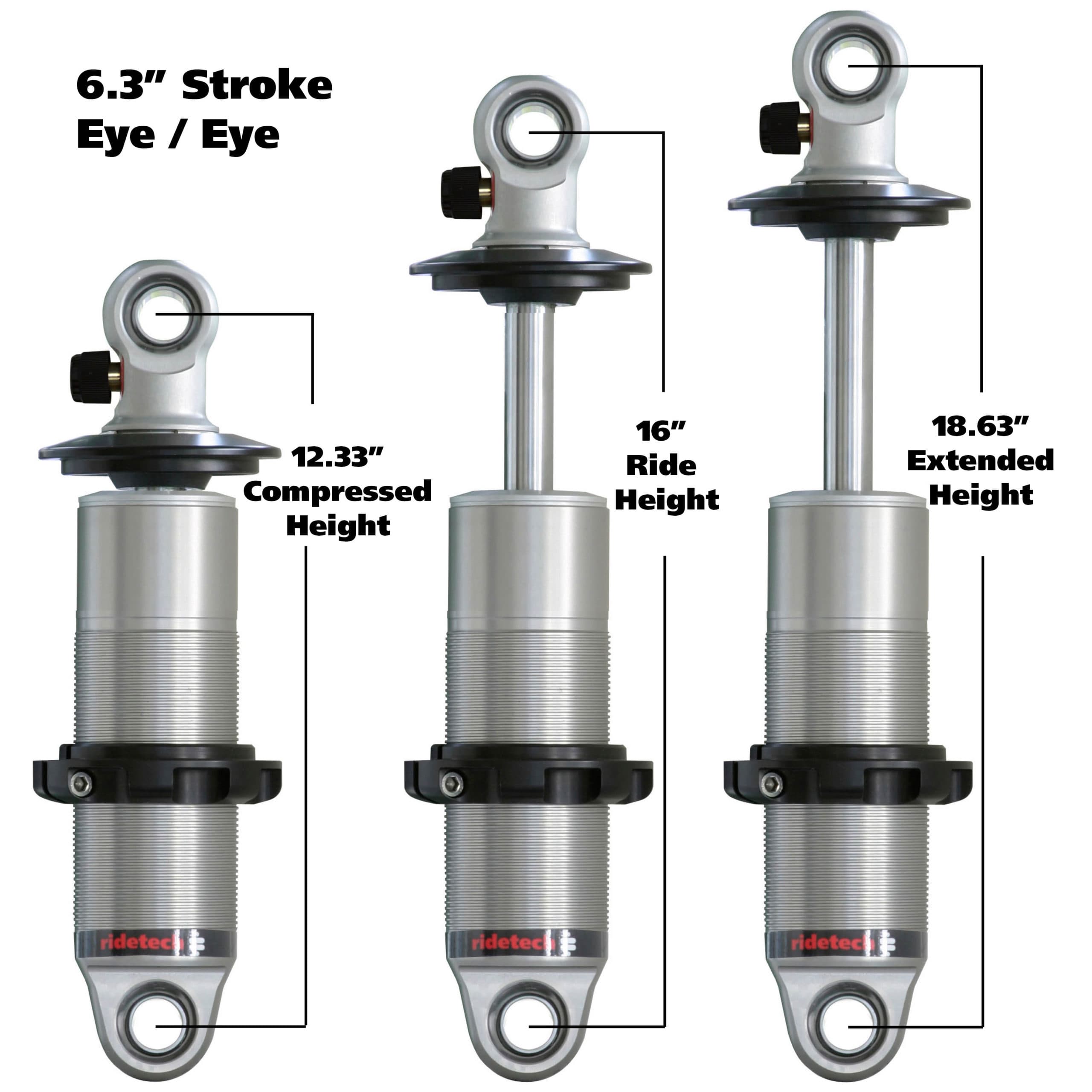 Ridetech HQ Coil-Over Shock W/ 6.3 Inch Stroke And 1.7 Inch Eye Mount Universal 1 Rebound Adjustable Shockspring Mounts Delrin Spring Washers And Bearing Spacers 1/2 Inch And 5/8 Inch 12.3 Inch X 18.6 Inch W/ A 15.25 -16 Inch Ride Height Ridetech