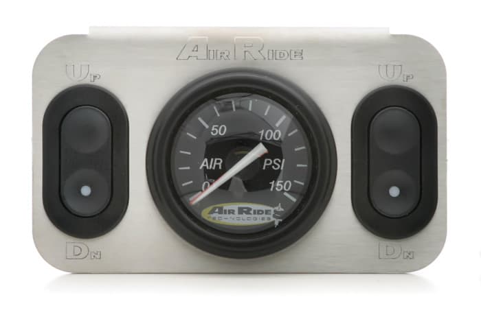 Ridetech 2-Way 12 Volt Analog Control Panel For Air Suspension For Use W/ Electric Valves 1 Dual Needle Black Face Gauge 2 Electric Rocker Switches And A Stainless Steel Panel Ridetech