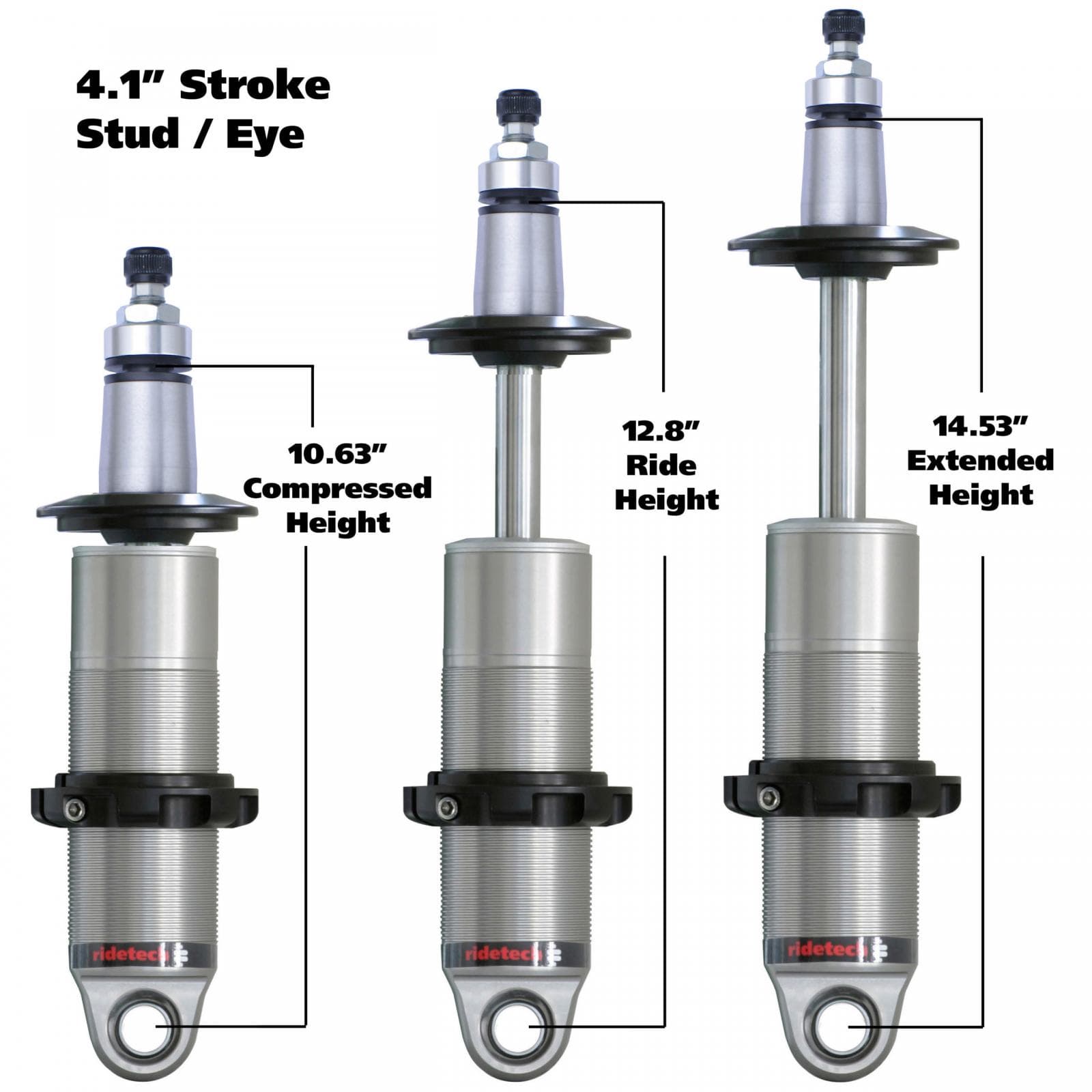HQ Coil-Over Shock W/ 4.1 Inch Stroke And 2 Inch Stud Mount Universal 1 Rebound Adjustable Shockspring Mounts Delrin Spring Washers And Bearing Spacers 1/2 Inch And 5/8 Inch 10.4 Inch X 14.5 Inch W/ A 12.5 -12.75 Inch Ride Height Ridetech product image