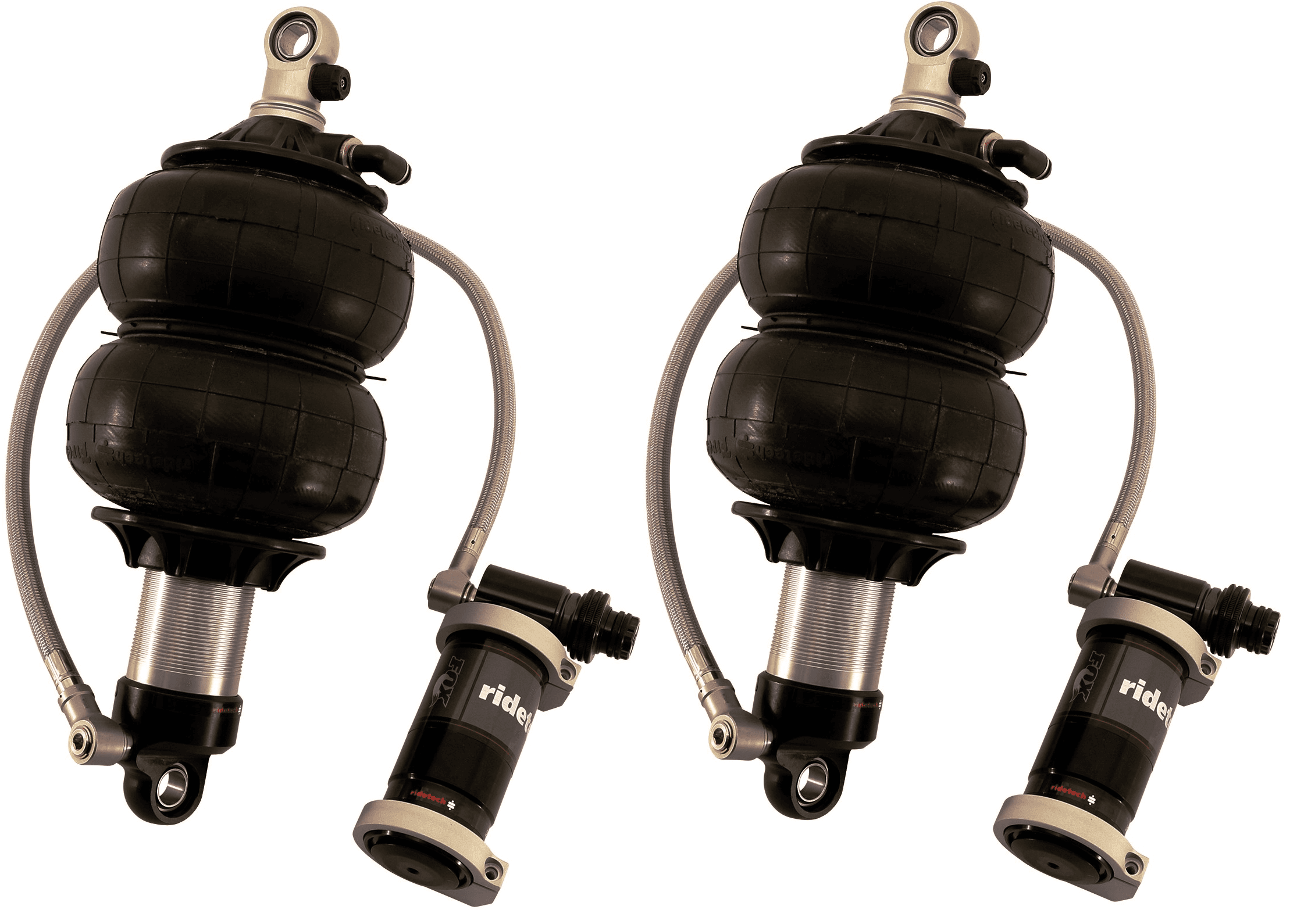 Front TQ Shockwaves 1000 Series W/ 4.1 Inch Stroke And 1.7 Inch Eye Pair Of Triple Adjustable Shock waves 6.5 Inch Dble Convoluted W/ 1/4 Inch Fittings, Bearing Spacers 1/2 Inch, 5/8 Inch 10.75 Inch X 14.25 Inch W/ A 12.5 -12.75 Inch Ride Height Ridetech product image