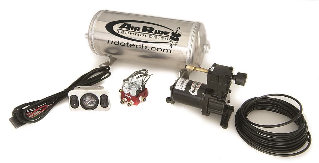 Ridepro Analog 2 Way Air Suspension Control System W/ 3 Gallon Tank Air Compressor 3 Gallon Tank Ridepro Electric Valve 1/4 Inch Airline Fittings And A Control Panel W/ 2 Electric Switches And A Dual Needle Gauge Ridetech product image