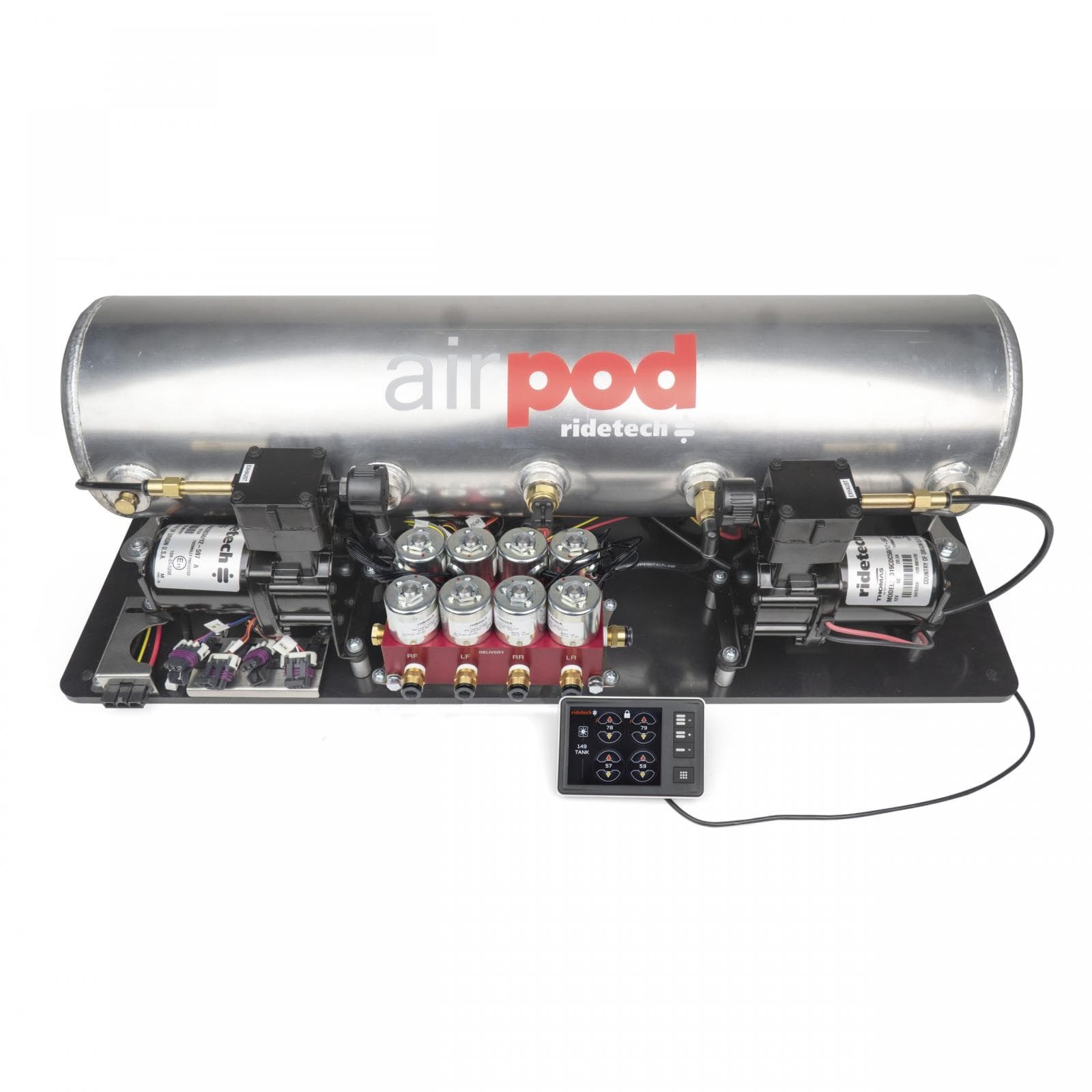 5 Gallon Bigred Airpod W/ Ridepro E5 Air Suspension Controller 2 Air Compressors 5 Gallon Tank Bigred Valve Touch Screen Display Ecu Pressure Sensors Wiring Harness 3/8 Inch Airline And Fittings Assembled On An Abs Board Ridetech product image