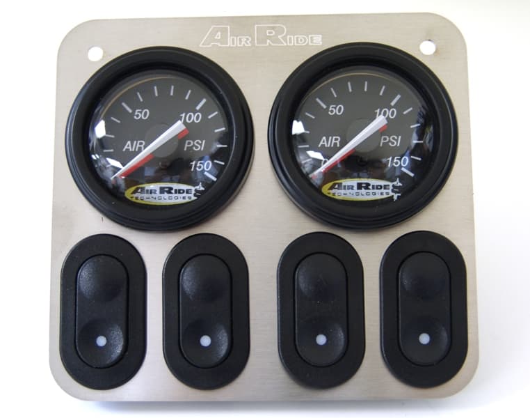 4-Way 12 Volt Analog Control Panel For Air Suspension For Use W/ Electric Valves 2 Dual Needle Black Face Gauges 2 Electric Rocker Switches And A Stainless Steel Panel Ridetech product image