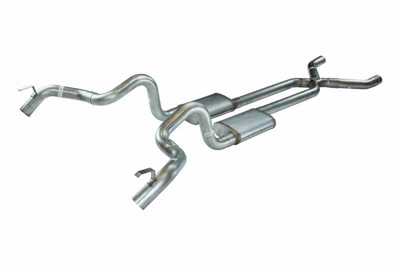Crossmember Back w/X-Pipe Exhaust System 70-74 F-Body Split Rear Dual Quarter Exit 3 in Intermediate And Tail Pipe Hardware Incl Muffler And Tip Not Incl Polished 409 Stainless Pypes Exhaust product image