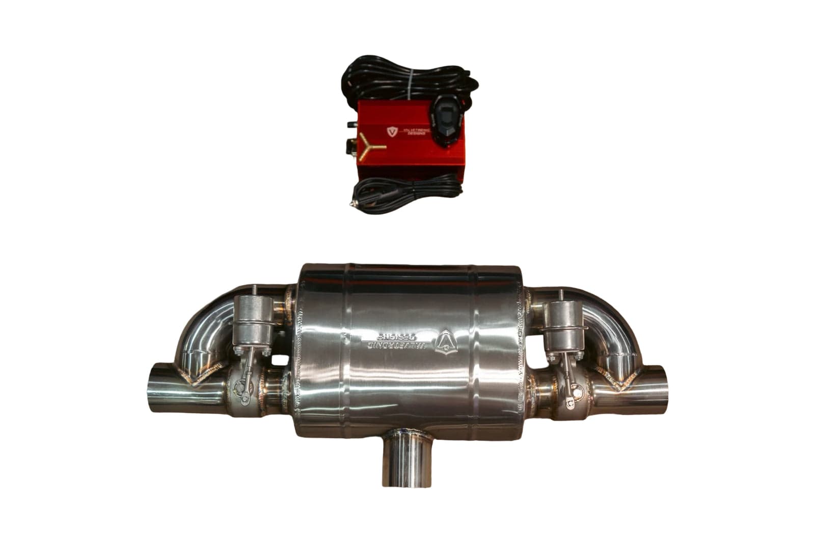 T Style Universal Muffler Kit Single Inlet Dual Outlet 63MM 2.5 Inch Valvetronic Designs product image