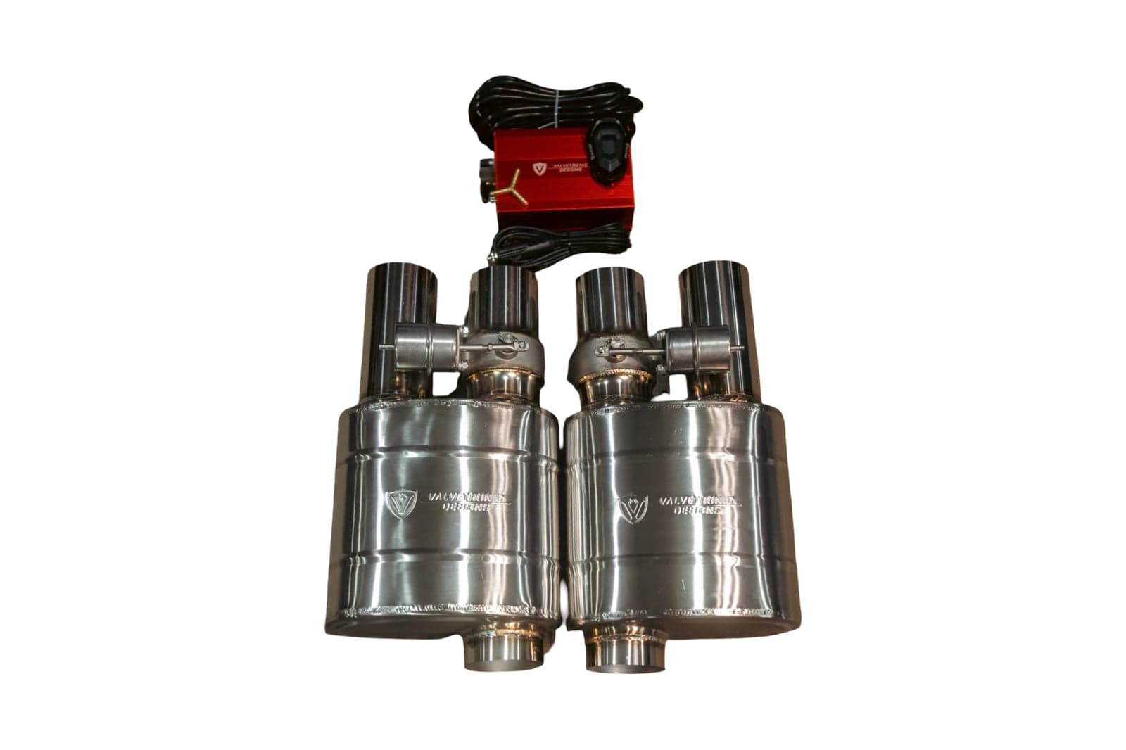 Universal Muffler Kit, Single Inlet Dual Outlet, 76MM 3.0 Inch 2 Mufflers Valvetronic Designs product image