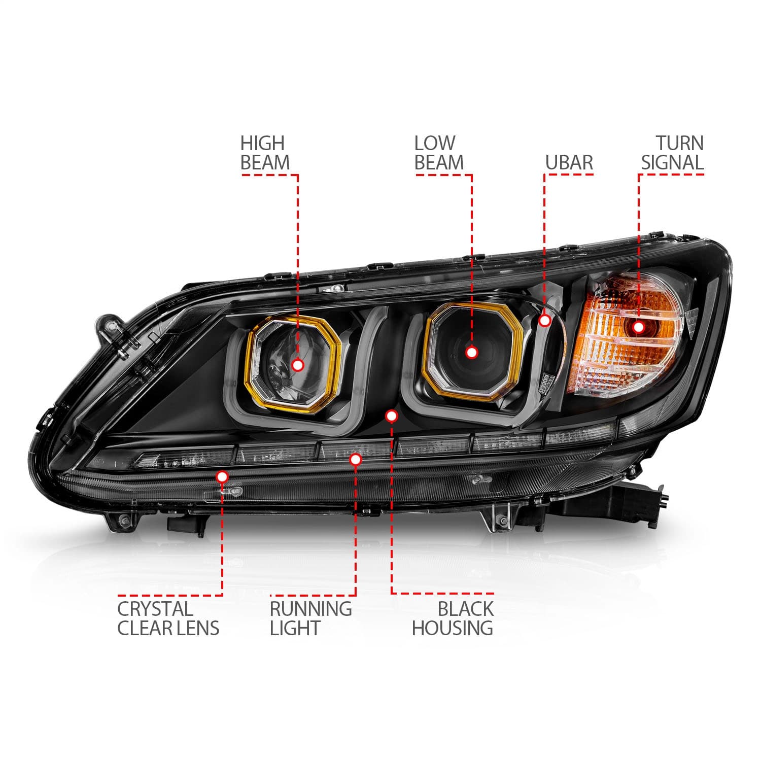 1314 Accord 4 Dr Headlight Projector W/Ubar Black Clear Driver/Passenger product image