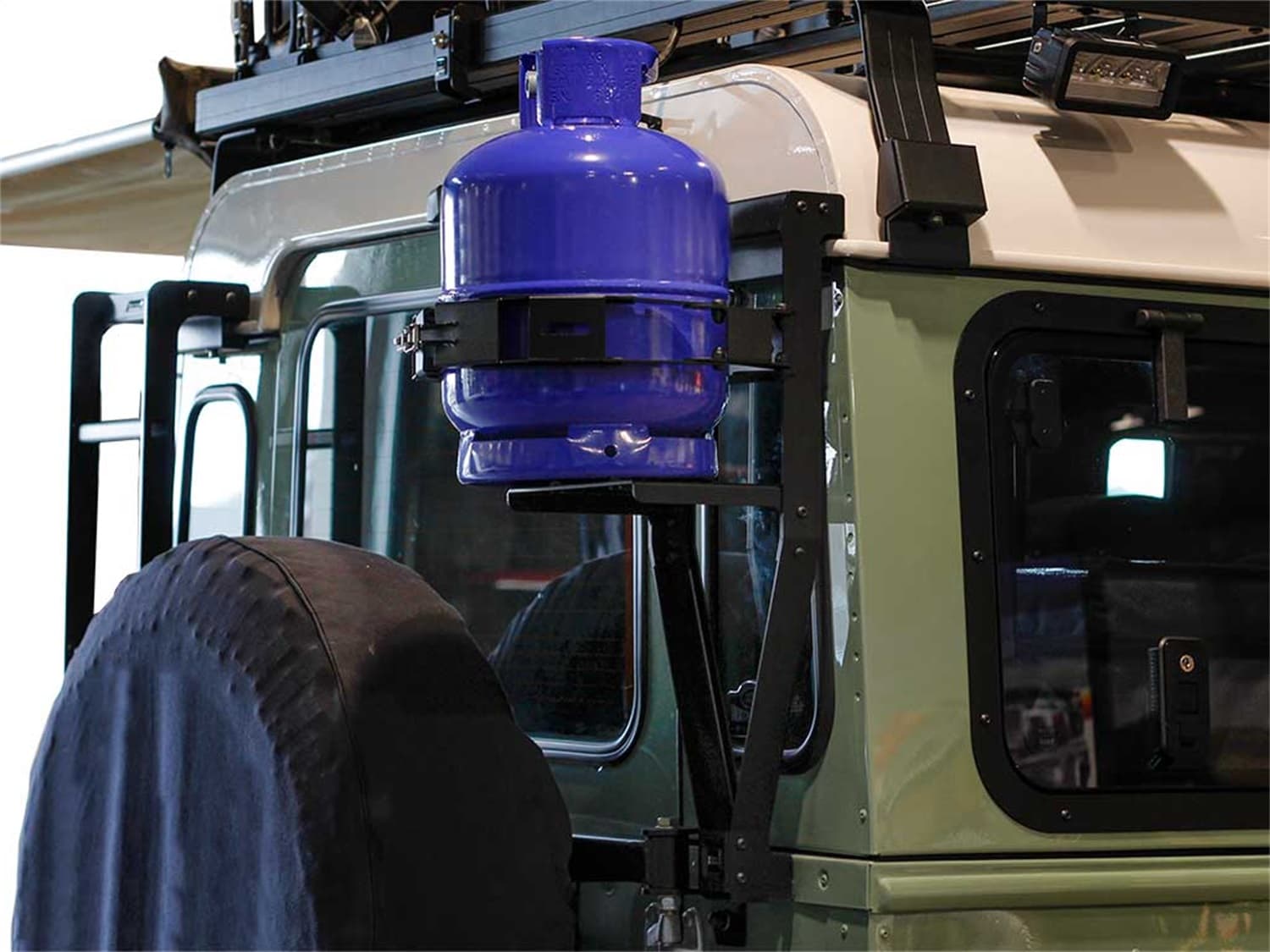 Gas/Propane Bottle Holder; Incl. Gas Bottle Frame; Base Plate; Adjustable Gas Bottle Clamp; Black Powder Coated; product image