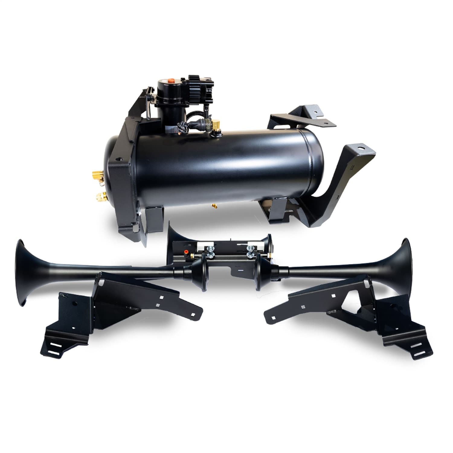 Onboard Air System w/Horns; Includes Triple Black Horns PN[730]/ 150/200 PSI Air Compressor PN[6450RC]/ 3.0 Gallon Air Tank PN[6350RT]; product image