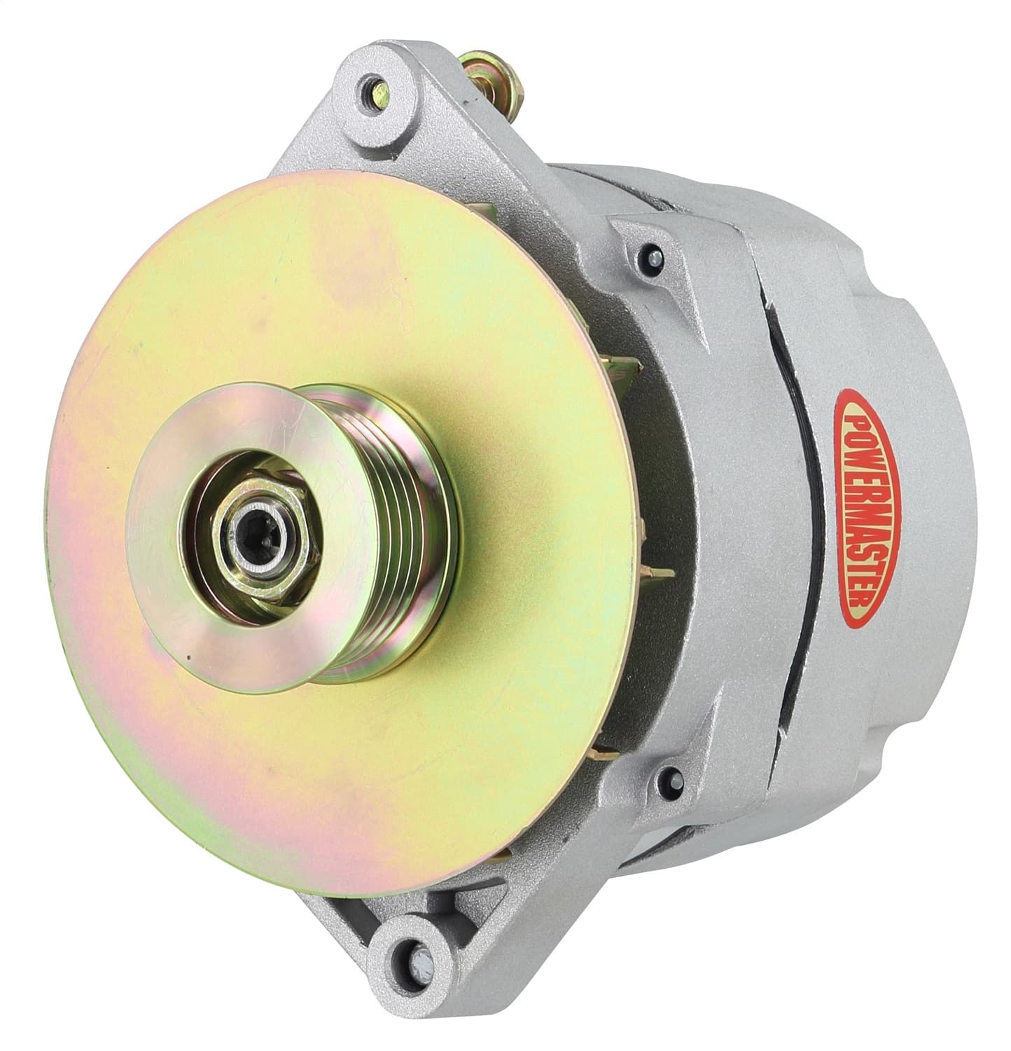 Power Master Alternator; Jeep Upgrade; 1 in. Spool Motorola Replacement; 150 Amp; 100 Idle; 6 Groove Pulley And Baffle; 1 Wire; Natural;