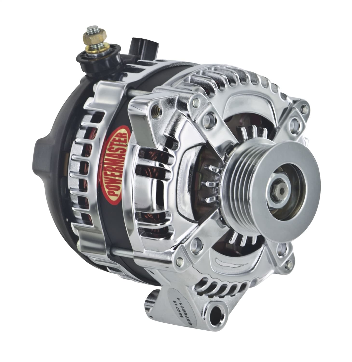 Power Master Alternator; GM; 175 Amp; 1 Wire Hair Pin Style; Offset Left; CS130; CS130D; 6 Groove; 175Top/145 Idle; Chrome;