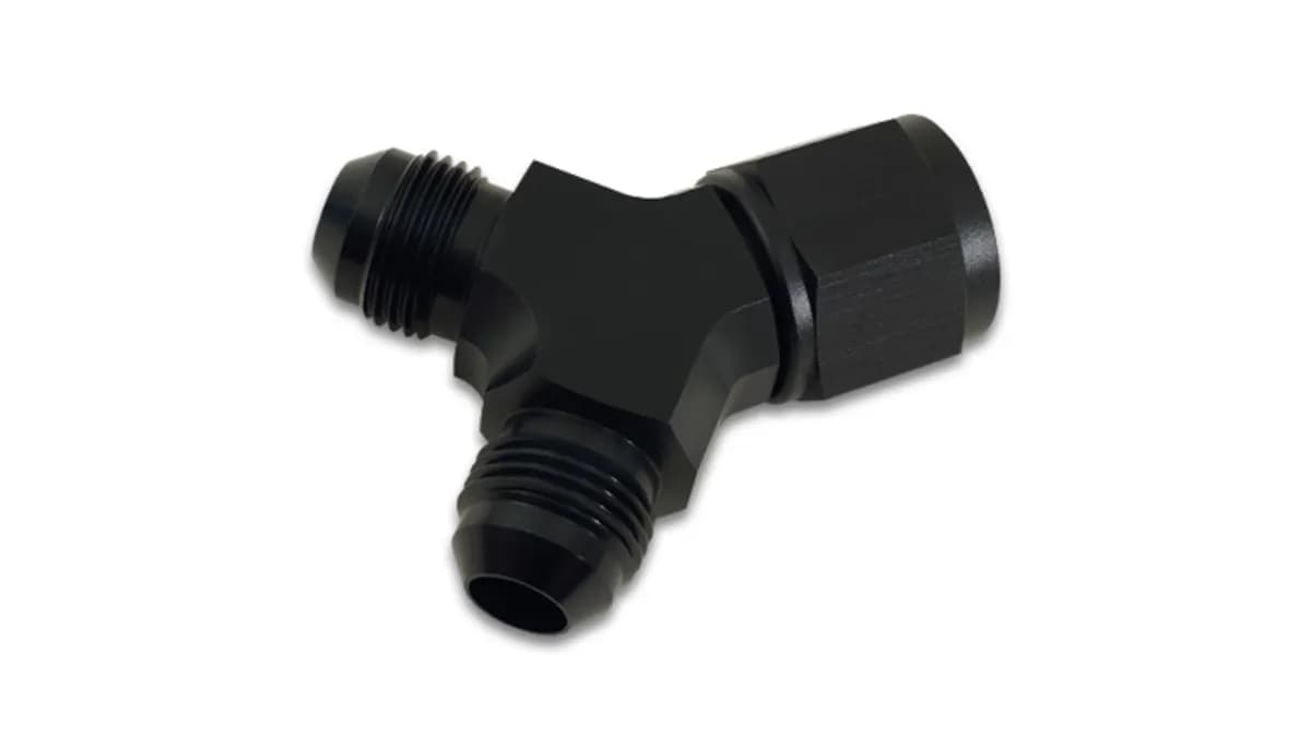 90 Degree Y Adapter Fitting; -12AN Female Size; -10AN Dual Male Size; 6061 Aluminum; Black Anodized;