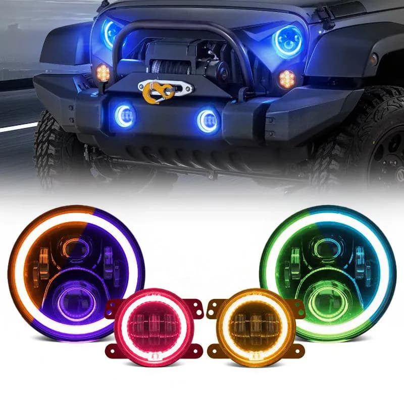 LED RGB Color Changing Halo Headlights with Amber Turn Signal + Fog Light Kit Combo For 2007-2018 Jeep Wrangler JK