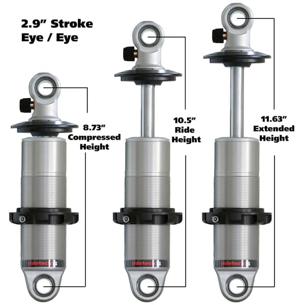 Ridetech HQ Coil-Over Shock W/ 2.9 Inch Stroke And 1.7 Inch Eye Mount Universal 1 Rebound Adjustable Shockspring Mounts Delrin Spring Washers And Bearing Spacers 1/2 Inch And 5/8 Inch 8.75 Inch X 11.6 Inch W/ A 10.25 -10.5 Inch Ride Height Ridetech